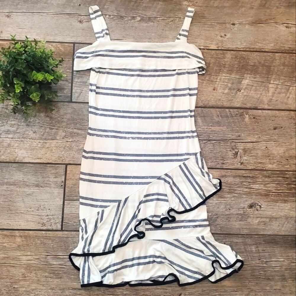 Venus White & Gray Striped Cold-Shoulder Ruffle Dress, Size Small